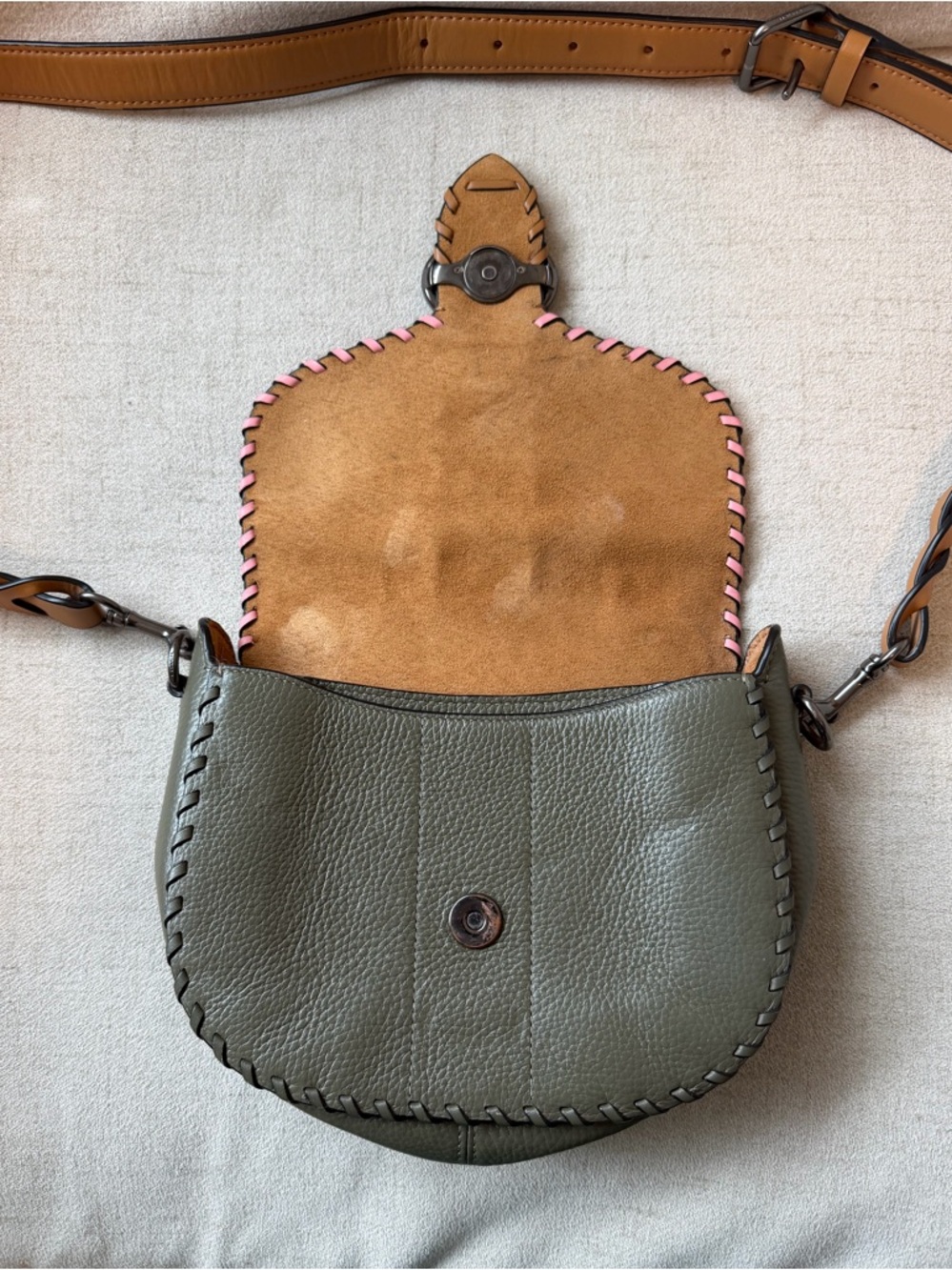 Coach Pink, Olive & Tan Leather Crossbody Saddle Bag - Picture 4 of 12